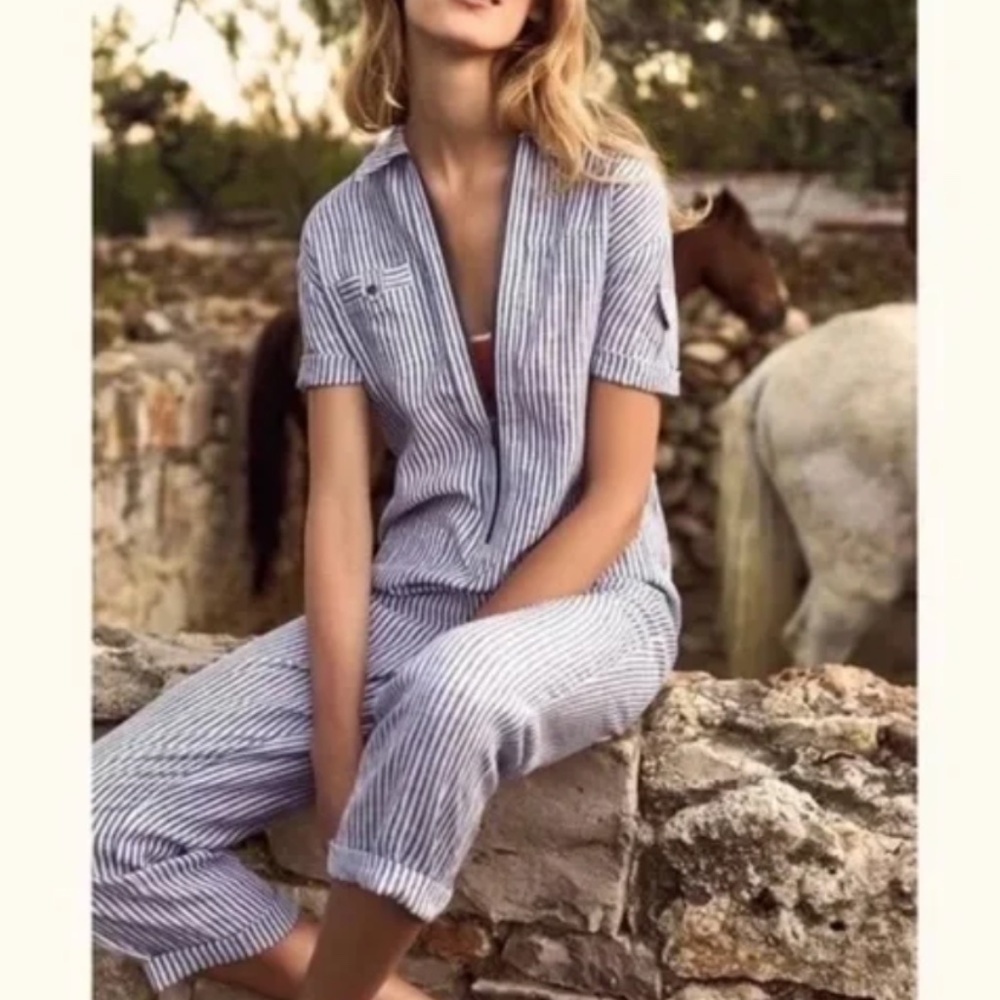 Anthropologie Cartonnier Striped Linen Boilersuit Jumpsuit  Large